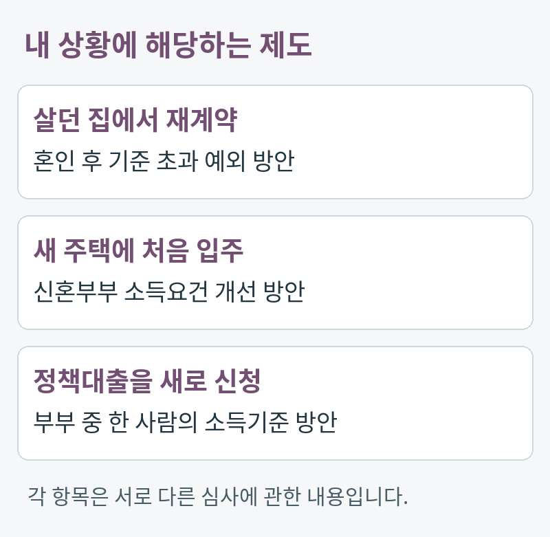 내 상황에 해당하는 제도。살던 집에서 재계약：혼인 후 기준 초과 예외 방안。새 주택에 처음 입주：신혼부부 소득요건 개선 방안。정책대출을 새로 신청：부부 중 한 사람의 소득기준 방안。각 항목은 서로 다른 심사에 관한 내용입니다.
