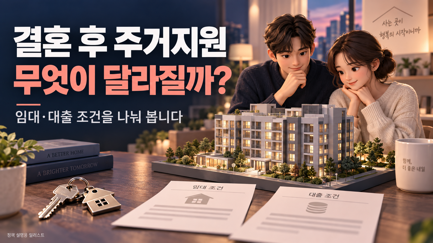 결혼 후 주거지원 — 무엇이 달라질까? / 임대·대출 조건을 나눠 봅니다。정책 설명용 AI 일러스트이며 실제 단지 사진이 아닙니다.