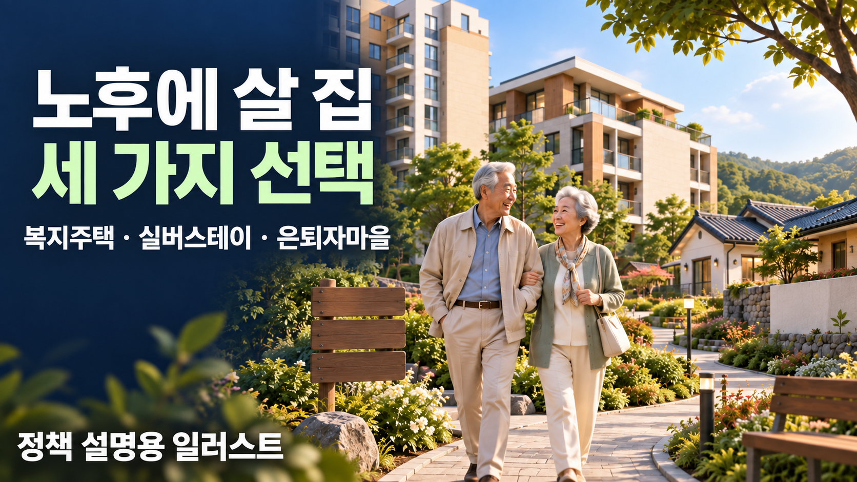 노후에 살 집 — 세 가지 선택 / 복지주택 · 실버스테이 · 은퇴자마을。정책 설명용 AI 일러스트이며 실제 단지 사진이 아닙니다.