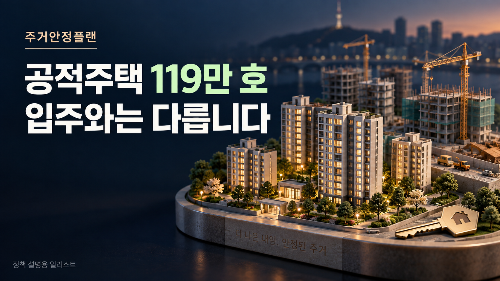 공적주택 119만 호 — 입주와는 다릅니다 / 주거안정플랜。정책 설명용 AI 일러스트이며 실제 단지 사진이 아닙니다.