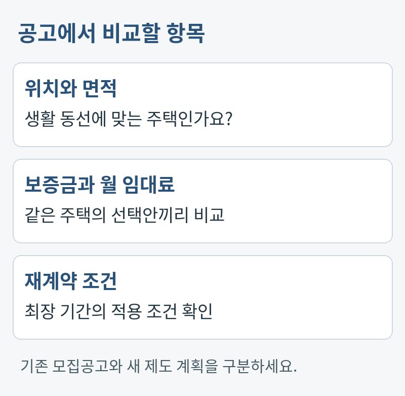 공고에서 비교할 항목。위치와 면적:생활 동선에 맞는 주택인가요?。보증금과 월 임대료:같은 주택의 선택안끼리 비교。재계약 조건:최장 기간의 적용 조건 확인。기존 모집공고와 새 제도 계획을 구분하세요.