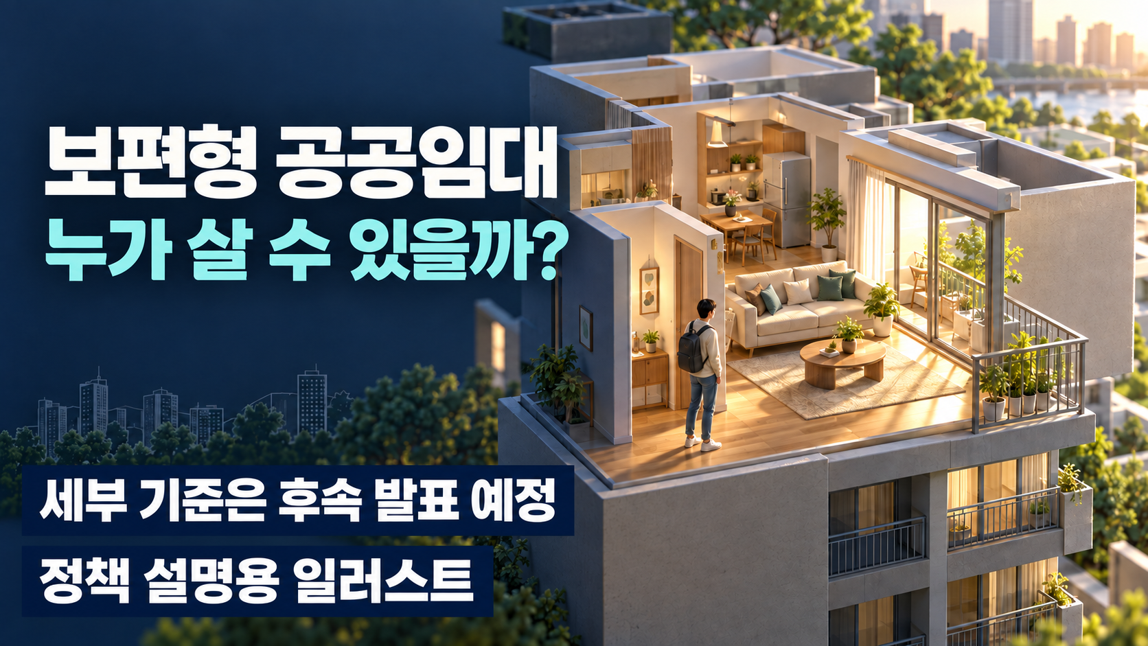 보편형 공공임대 — 누가 살 수 있을까? / 세부 기준은 후속 발표 예정。정책 설명용 AI 일러스트이며 실제 단지 사진이 아닙니다.