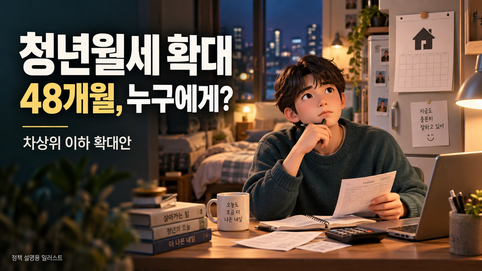 청년월세 확대 — 48개월, 누구에게? / 차상위 이하 확대안。정책 설명용 AI 일러스트이며 실제 단지 사진이 아닙니다.