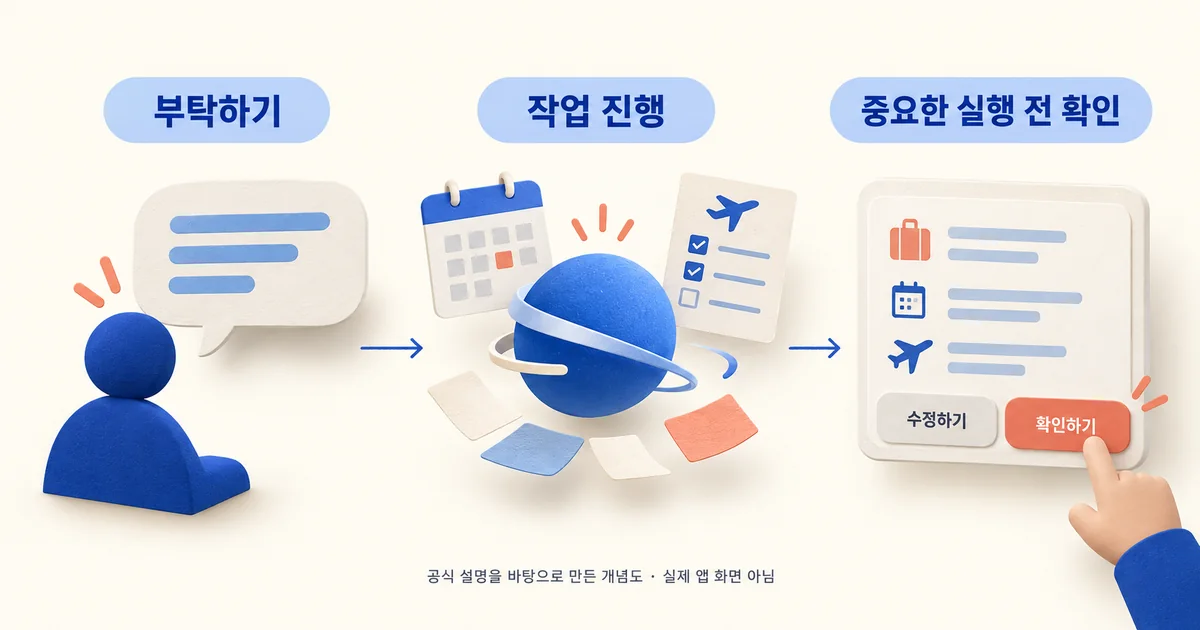작업 요청부터 중요한 실행 전 확인까지의 흐름 — AI 개념도, 실제 앱 화면이 아닙니다.