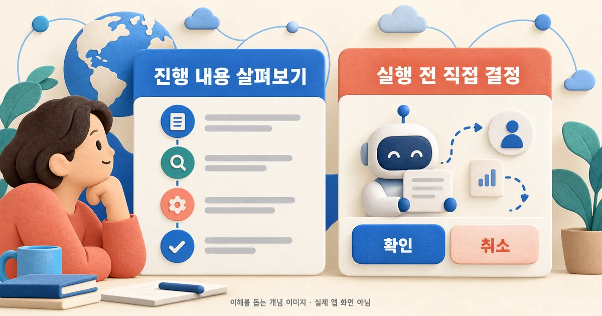 활동 기록 점검과 실행 전 사용자 확인 — AI 개념도, 실제 앱 화면이 아닙니다.
