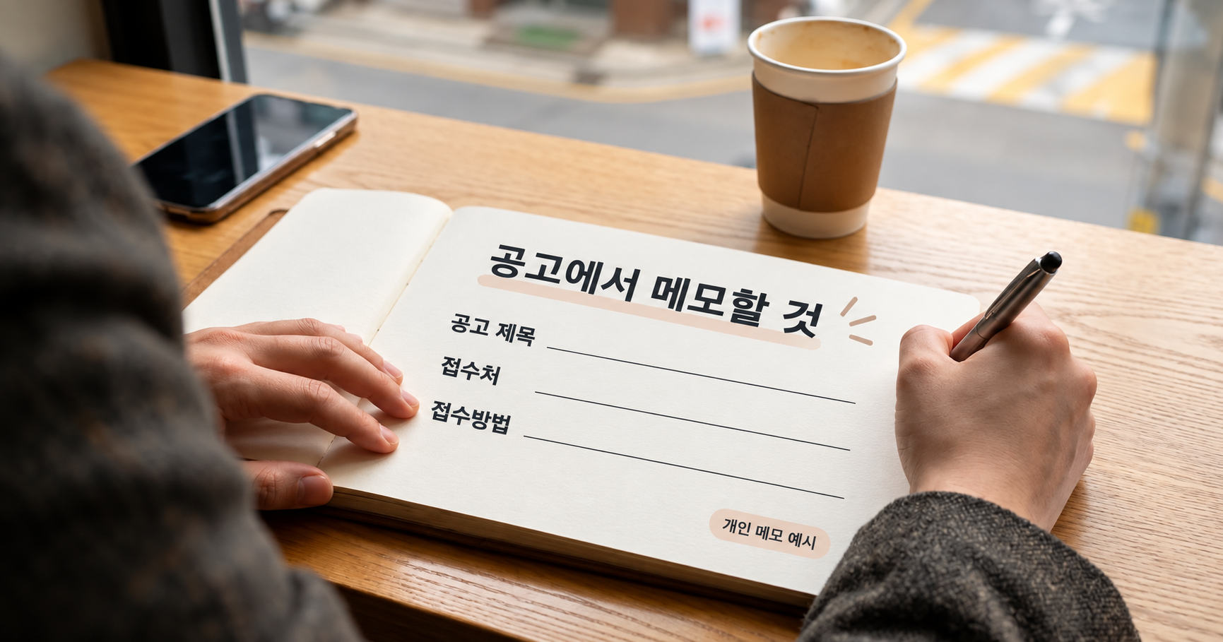 공고 제목·접수처·접수방법을 적는 개인 메모 예시. 싹첵 AI 편집 이미지.
